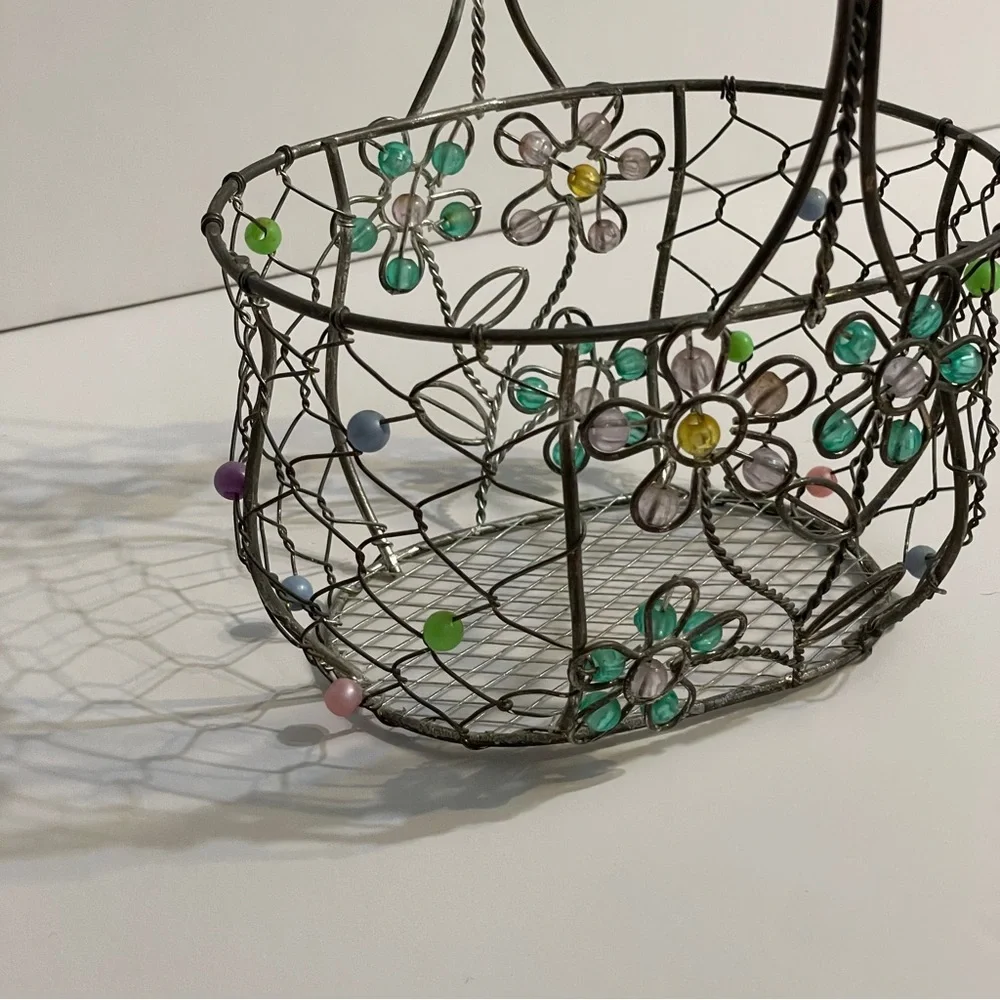 Vintage Metal Wire Basket, Pink & Green Beaded Daisies Flowers, silver tone